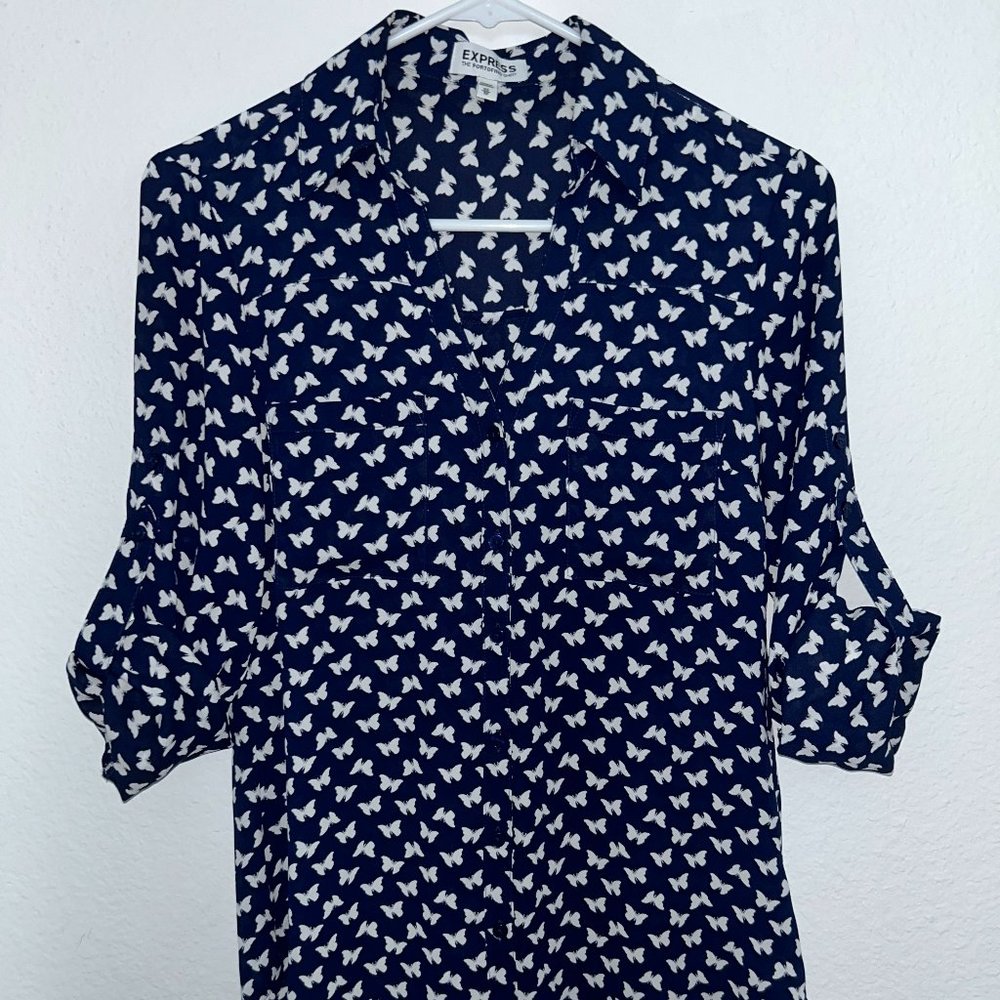 Express Portofino Shirt XS Navy blue with White Butterfly Pattern